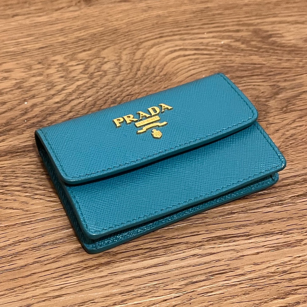 Turquoise Prada card case saffiano leather
